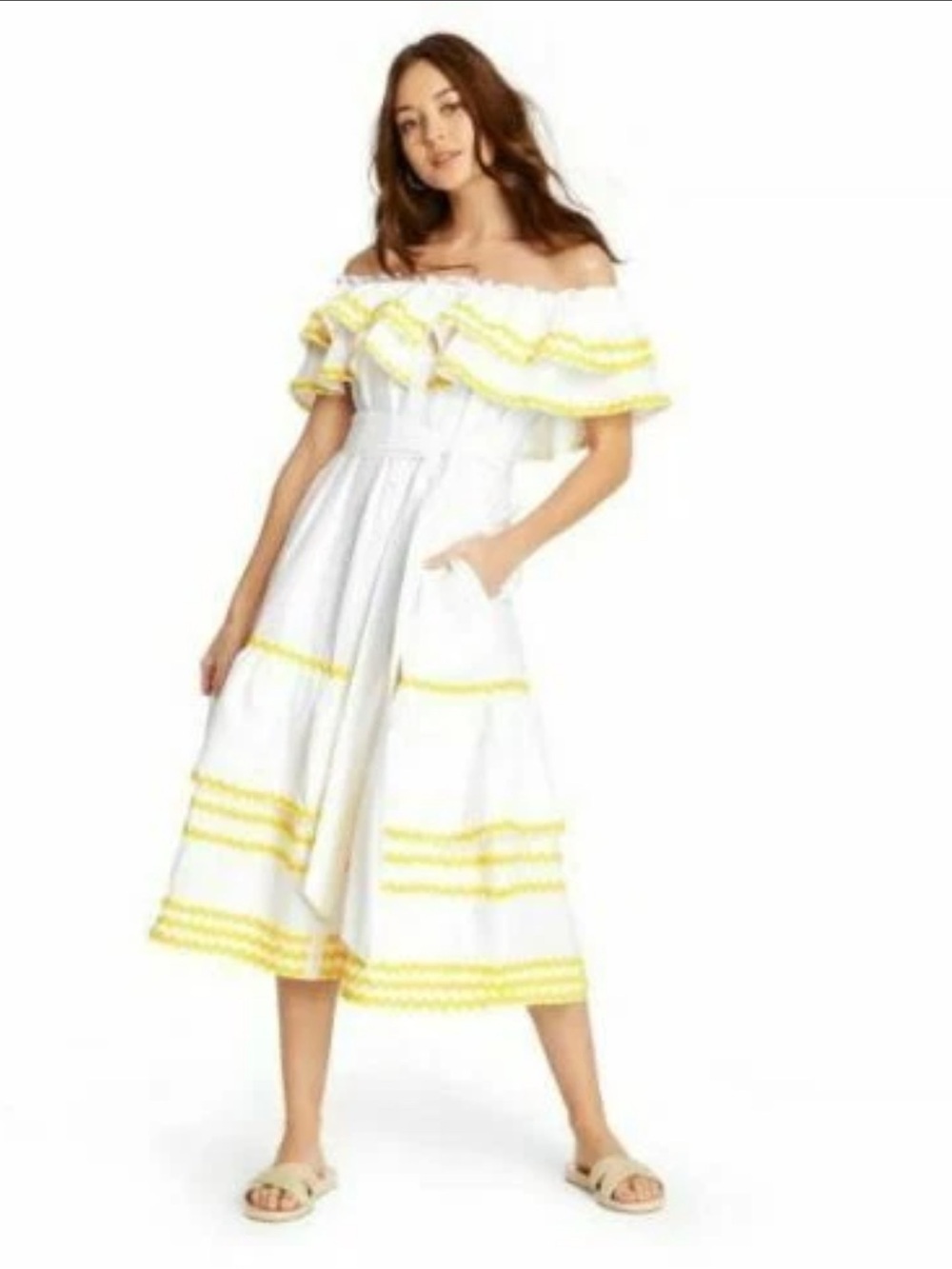 Lisa Marie Fernandez Tiered Off Shoulder Drop Waist Dress Linen Blend Size Small